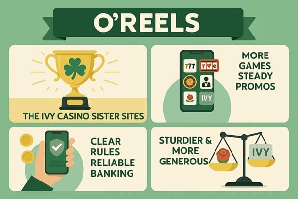 Ivy, Rose and O'Reels casino logos compared