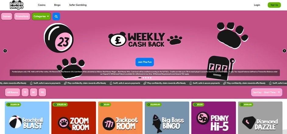 Panda Bingo bingo rooms and lobby screenshot