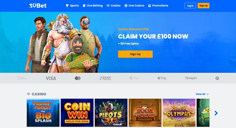 30Bet casino lobby and navigation screenshot