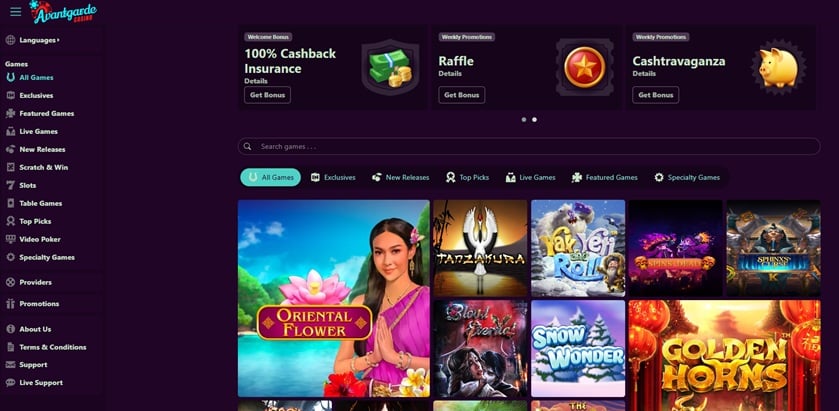 Avantgarde Casino website, a Paradise 8 sister site