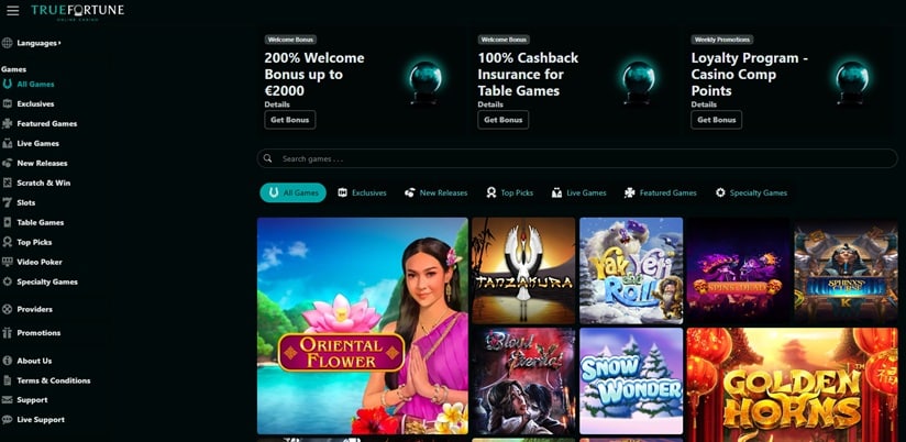 True Fortune Casino lobby and homepage layout