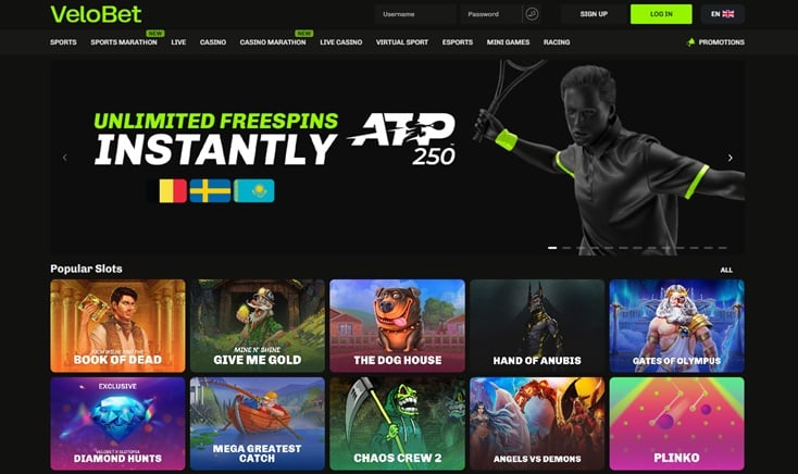 Velobet casino homepage with its slots and live casino lobby