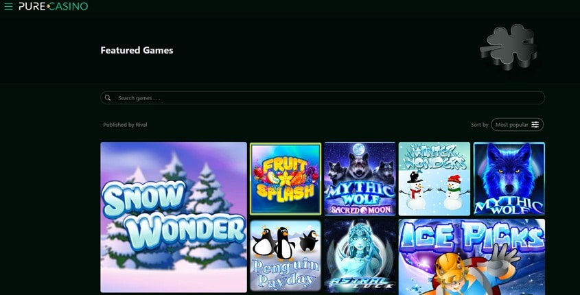 A selection of Rival and Betsoft slots in the Pure Casino lobby