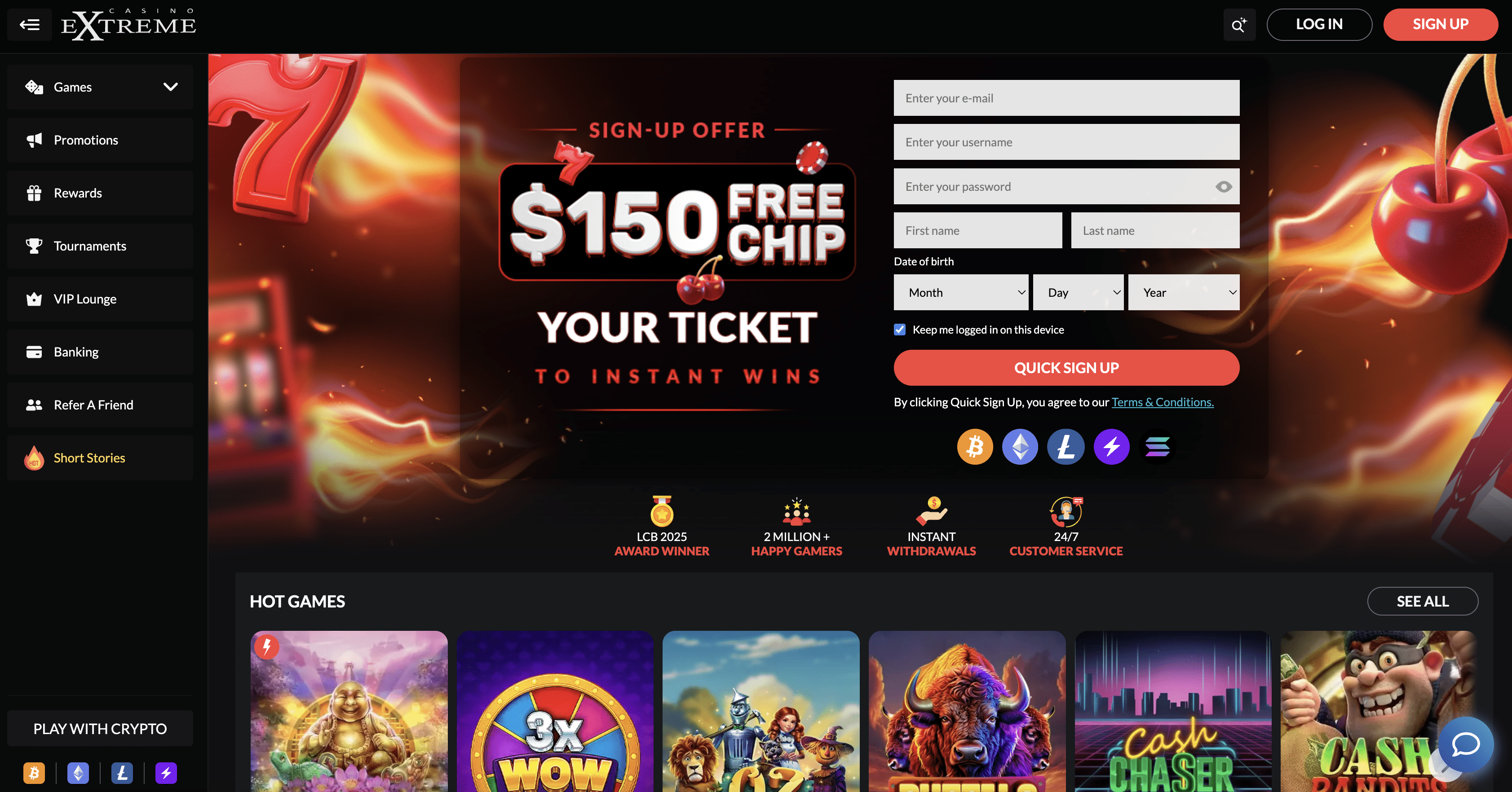 Casino Extreme homepage screenshot showing the jackpot ticker and crypto banking options