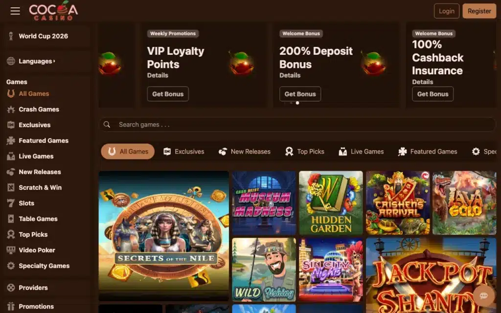 Cocoa Casino lobby screenshot showing the chocolate theme