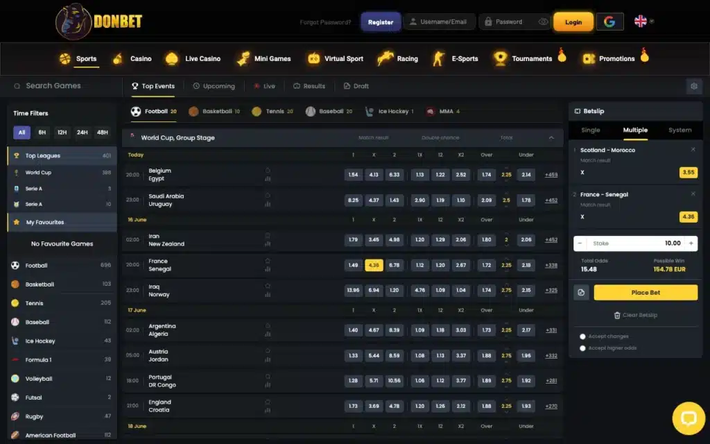 Donbet casino lobby and sportsbook homepage screenshot