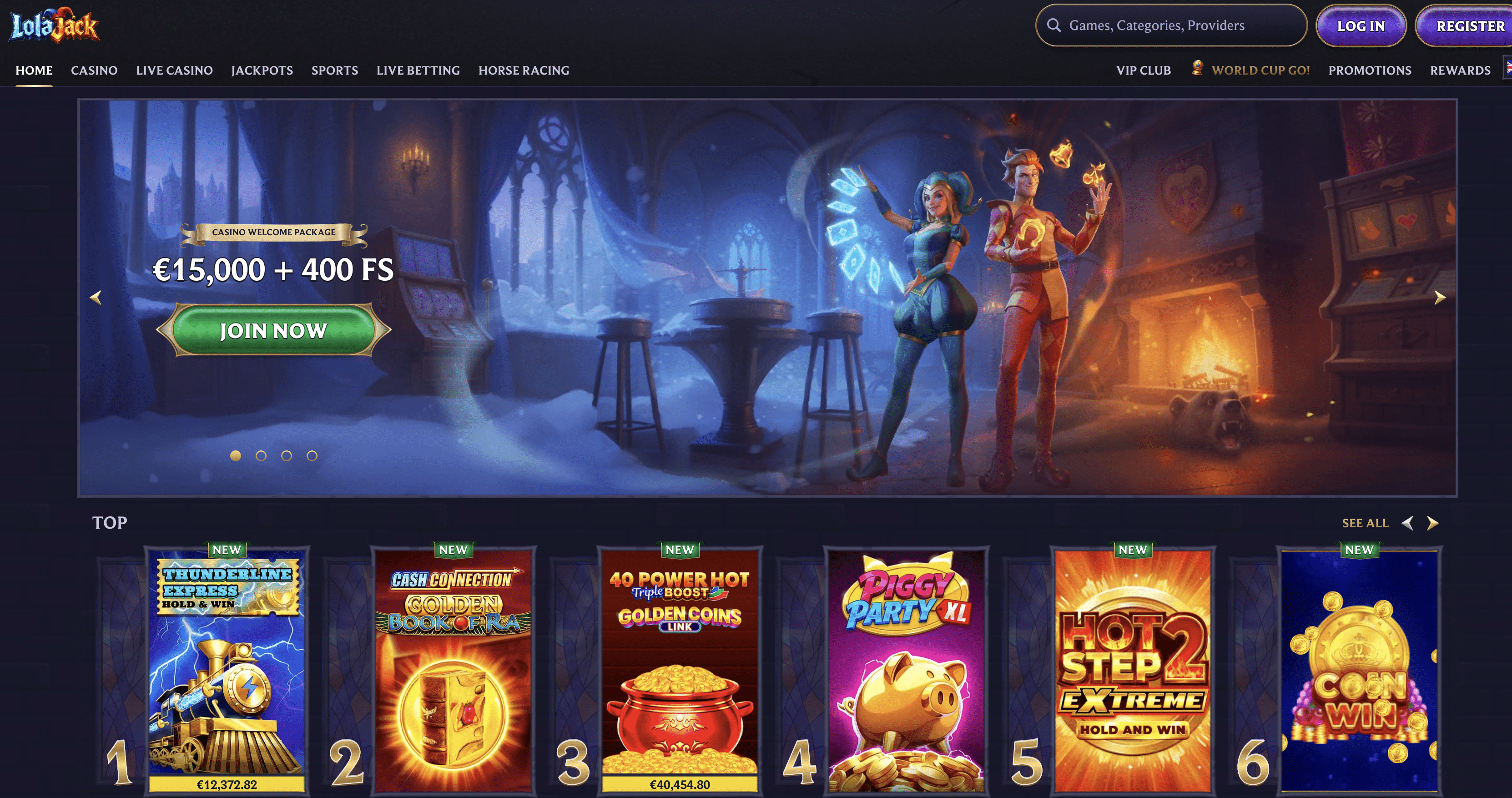 LolaJack casino homepage screenshot