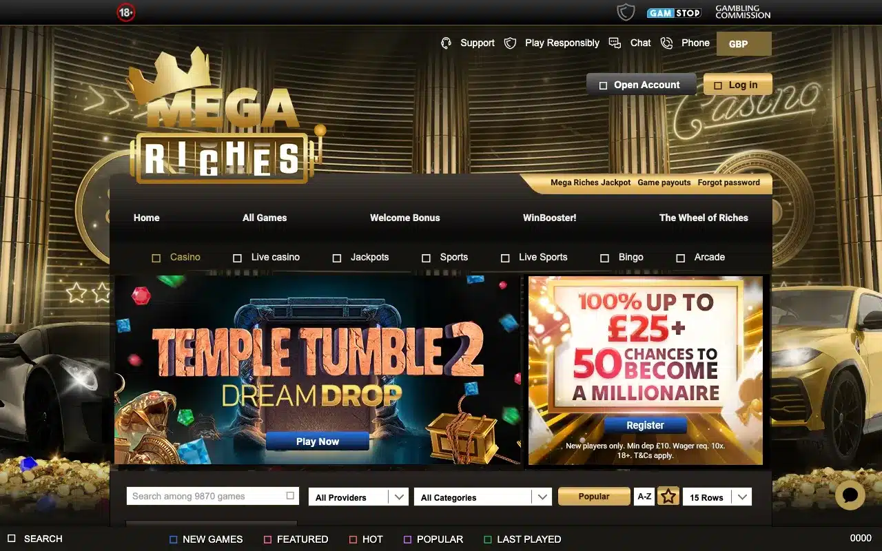 Mega Riches Casino homepage screenshot