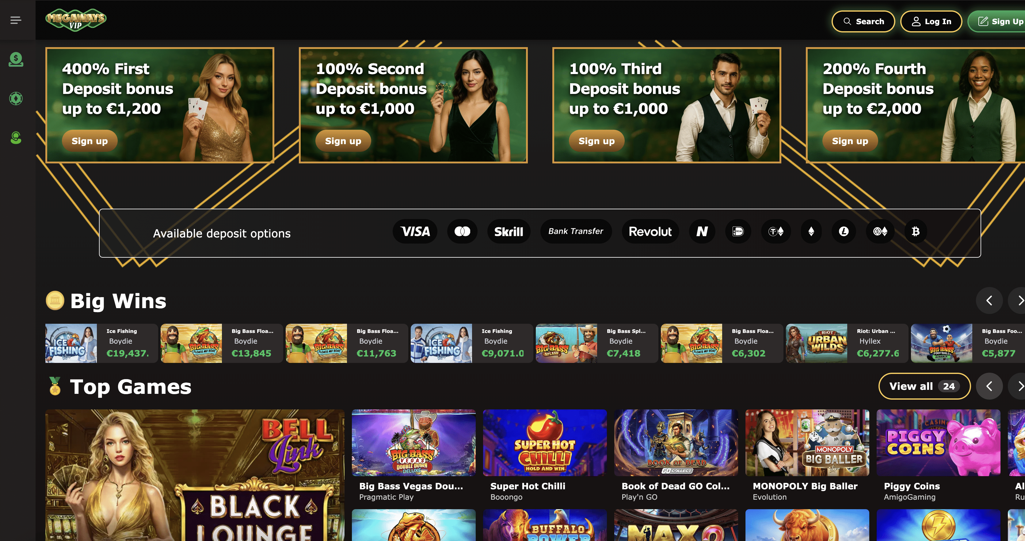 Megaways VIP homepage screenshot showing the slot lobby and 400% welcome banner
