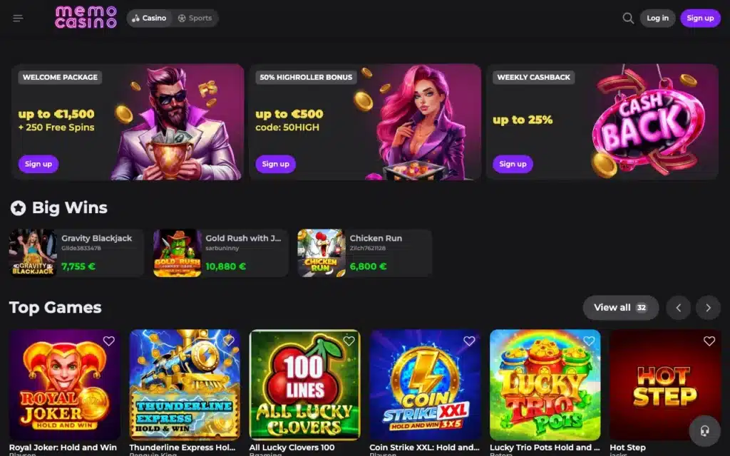 Memo Casino homepage and games lobby screenshot