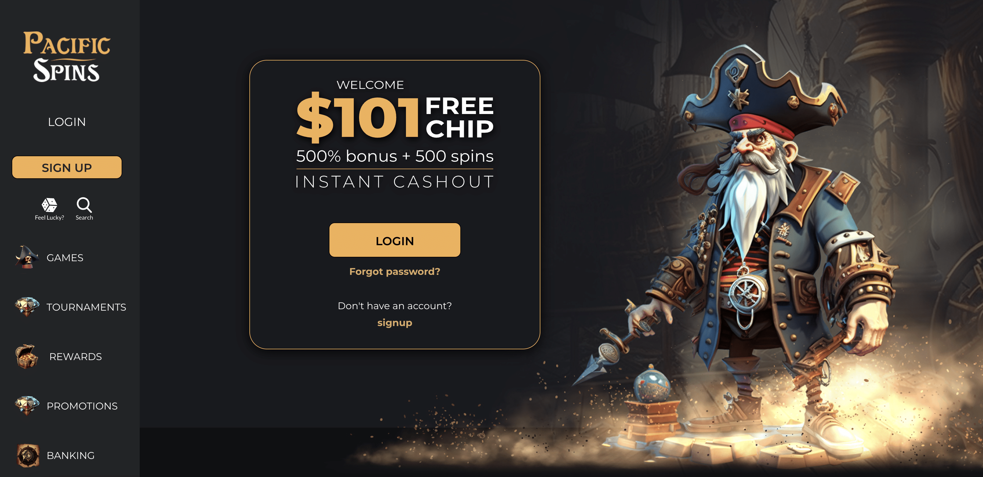 Pacific Spins casino homepage screenshot showing the jackpot ticker and featured slots