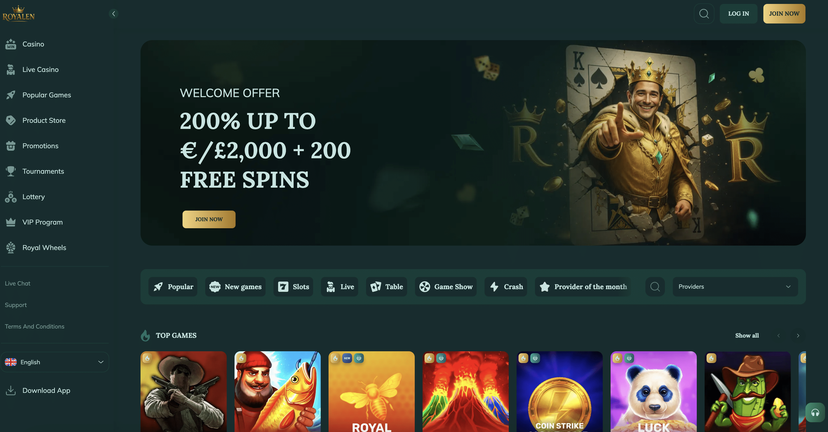 Royalen homepage screenshot showing the green and gold lobby beneath the crown logo