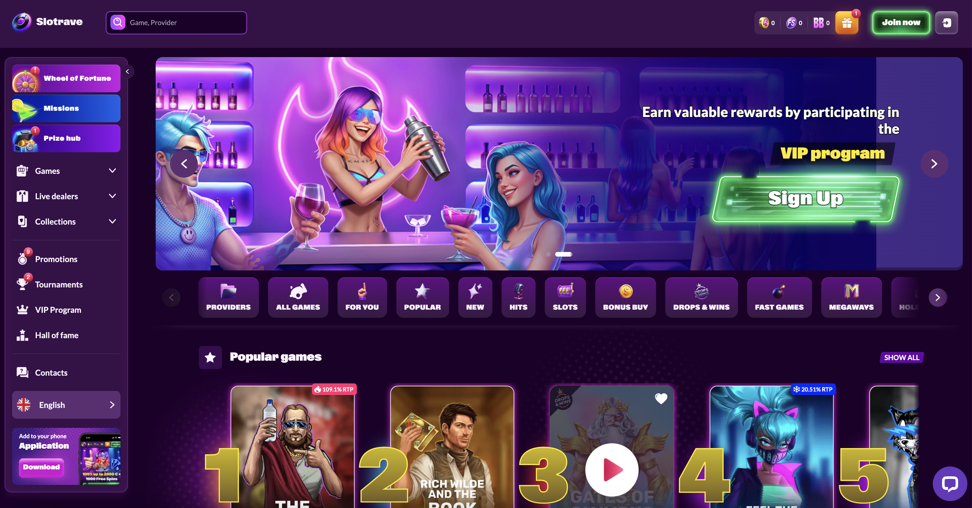 Slotrave casino homepage showing the purple and black games lobby