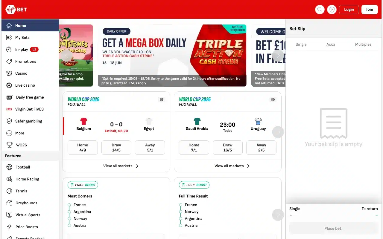 Virgin Bet sportsbook and casino screenshot