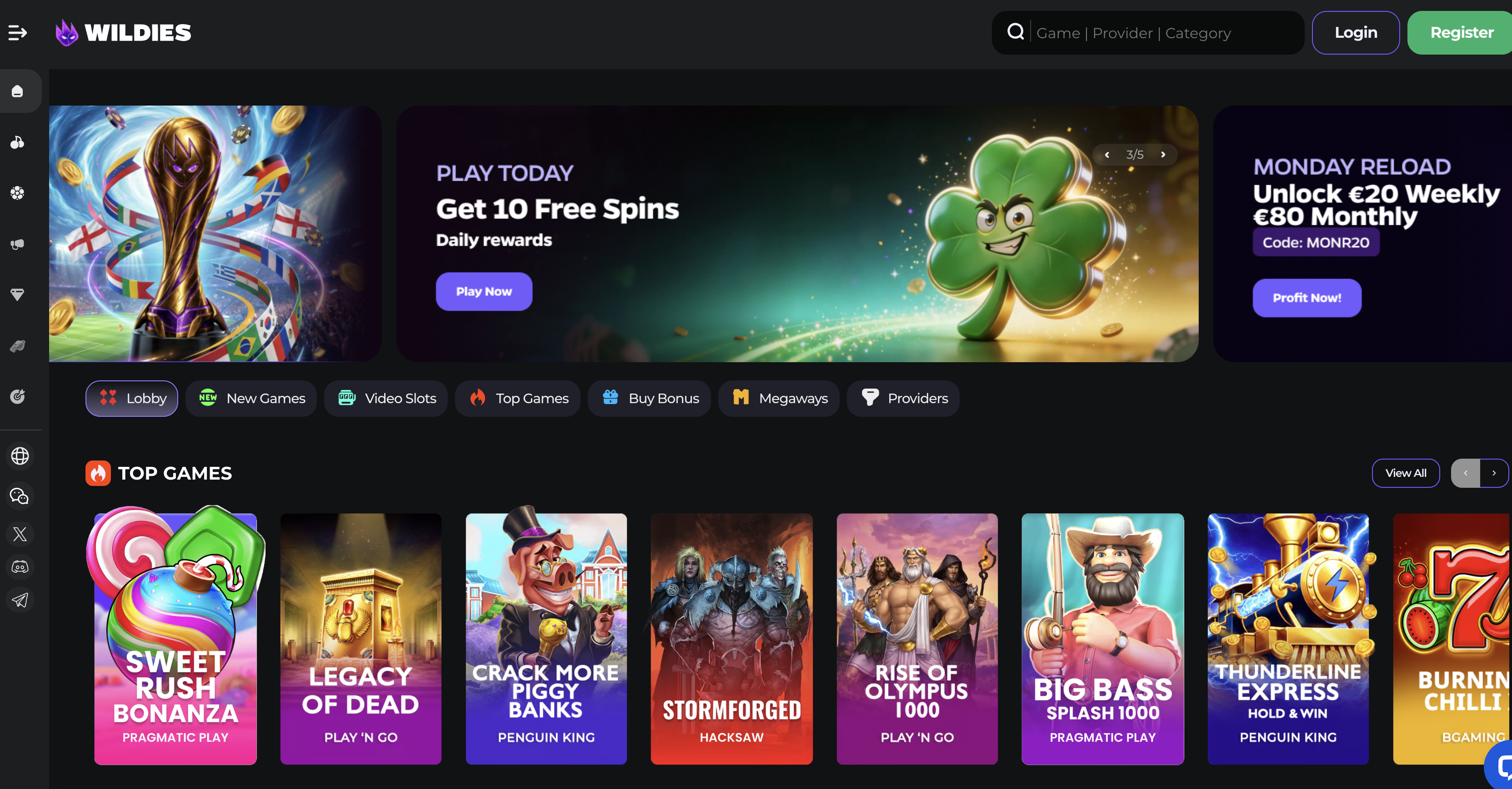 Wildies casino homepage showing the dark lobby, game categories and sportsbook navigation