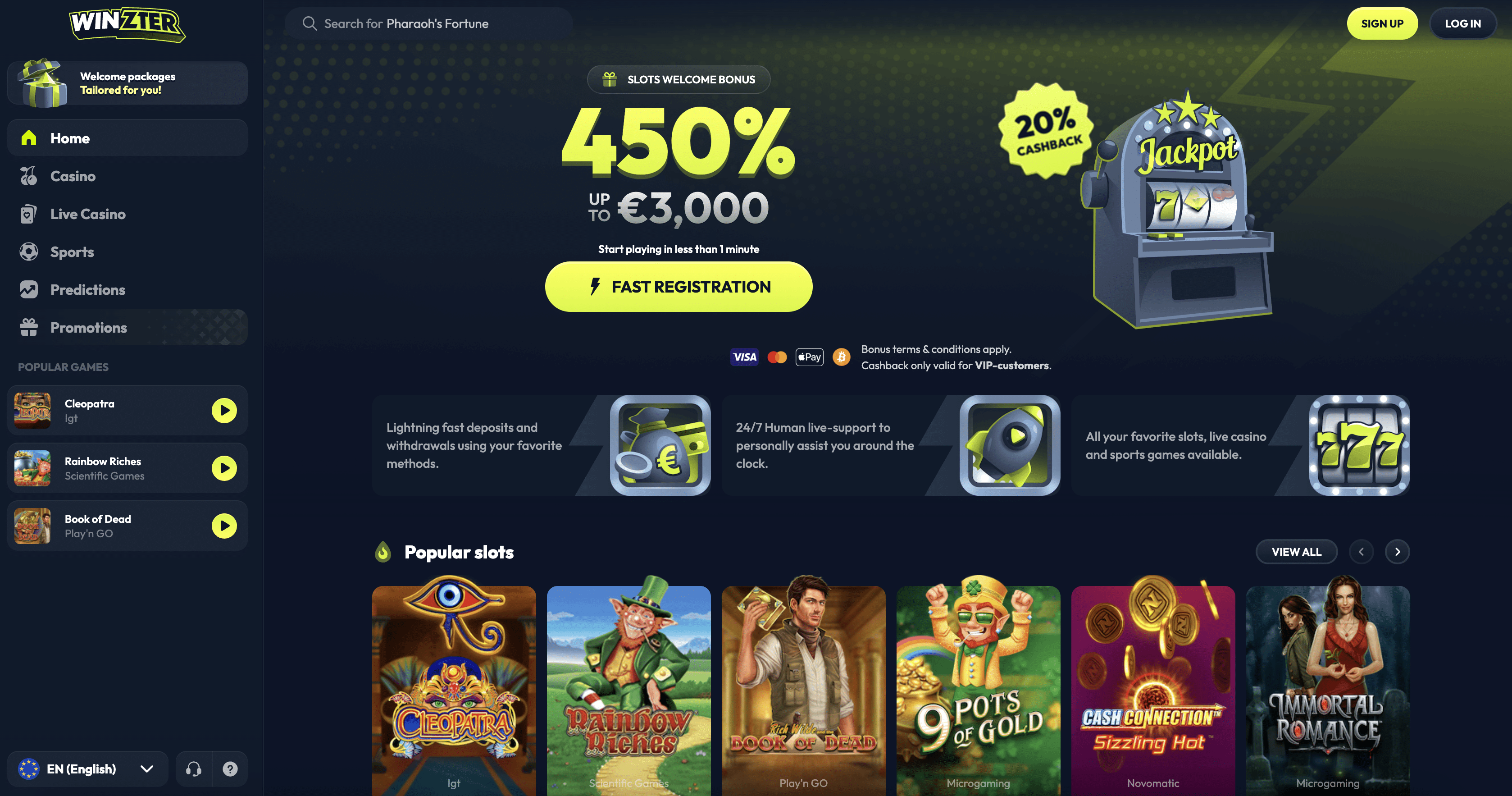 Winzter Casino homepage screenshot, June 2026