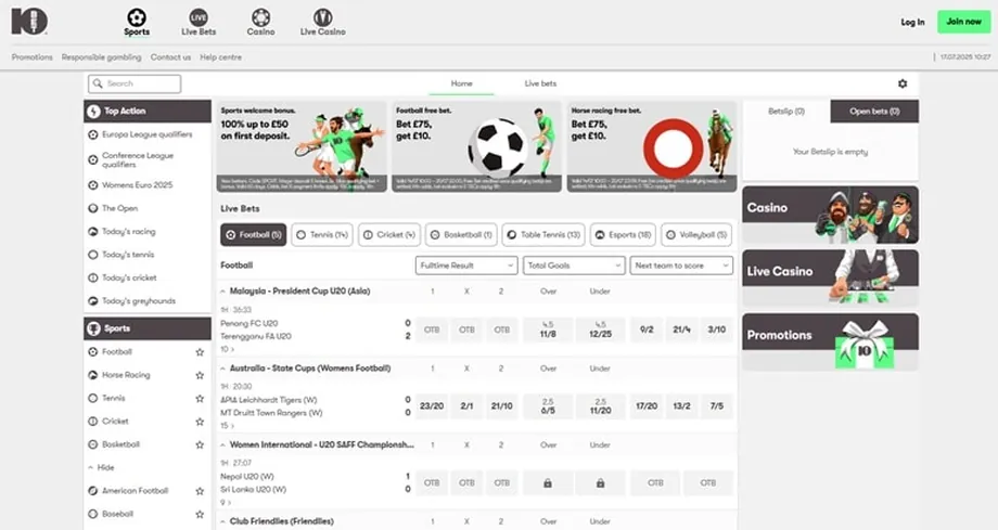 10Bet sportsbook and casino screenshot
