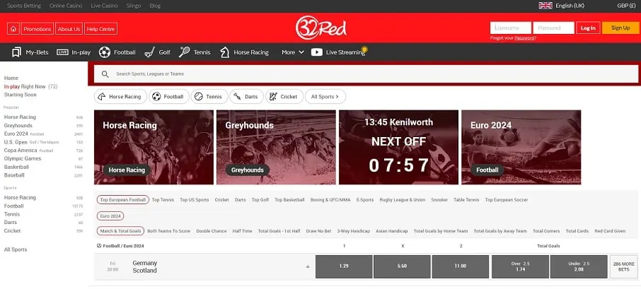 32Red casino homepage screenshot