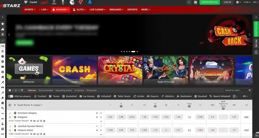 888Starz sportsbook and casino lobby showing live odds and slots
