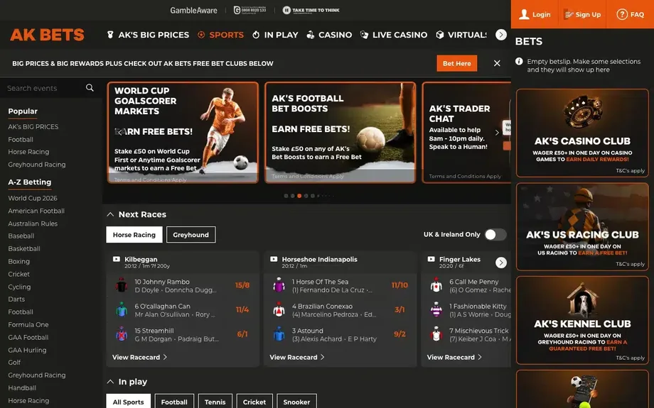 AK Bets sportsbook homepage screenshot