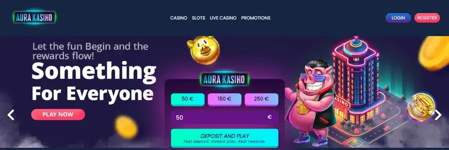 AuraKasino homepage showing the welcome bonus and deposit widget