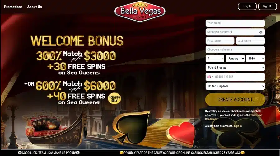 Bella Vegas Casino sign-up form defaulting to Pound Sterling and United Kingdom