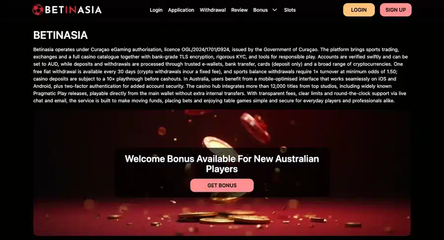 BetInAsia homepage showing its sports trading, exchange and casino wallet