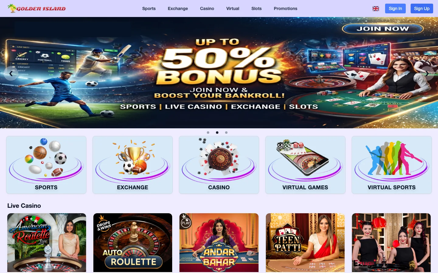 Betomania, a new casino licensed July 2026, real homepage screenshot showing the site trading under the Golden Island name with sports, exchange and casino sections