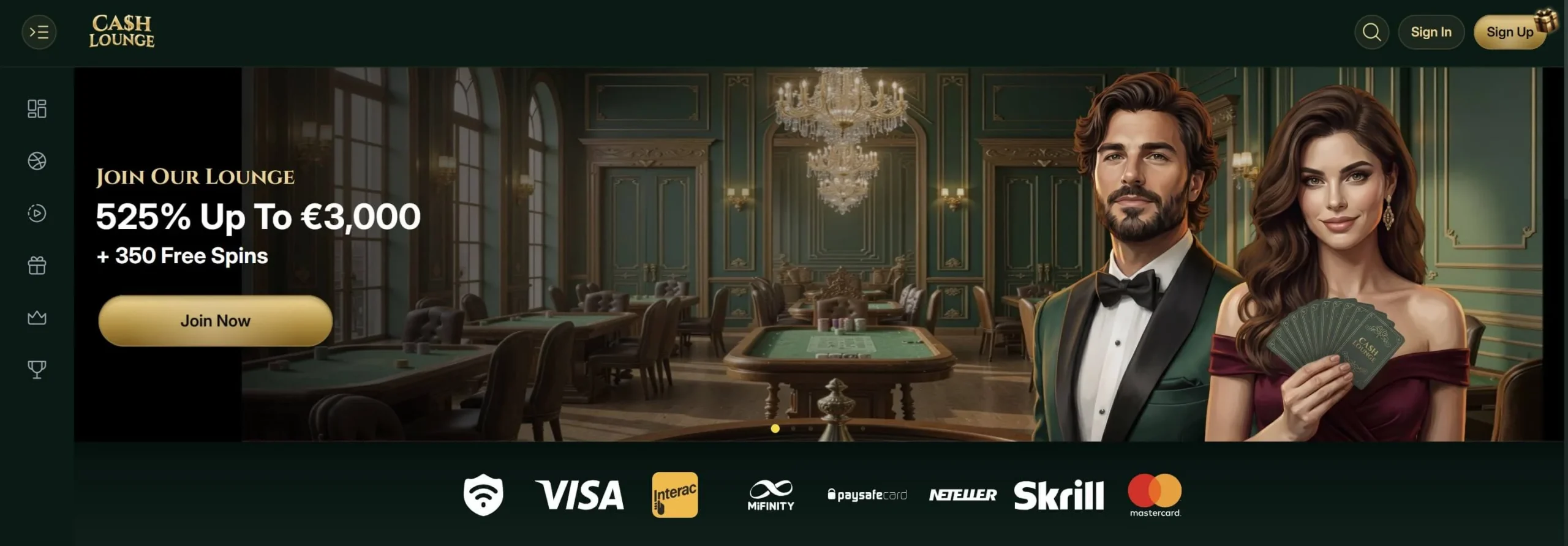 Cash Lounge, a new online casino launched in summer 2026, real homepage screenshot showing its 525% welcome package, the green card-room artwork and the payment logos along the foot of the page