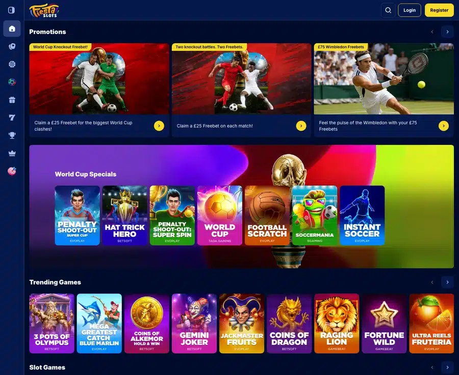 Fiesta Slots homepage showing its promotions carousel and slot game lobby