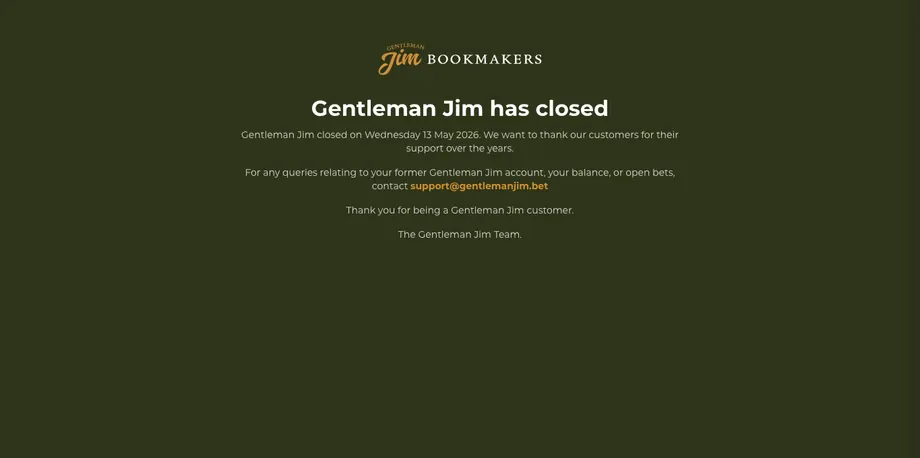 Gentleman Jim closed notice screenshot from the live site