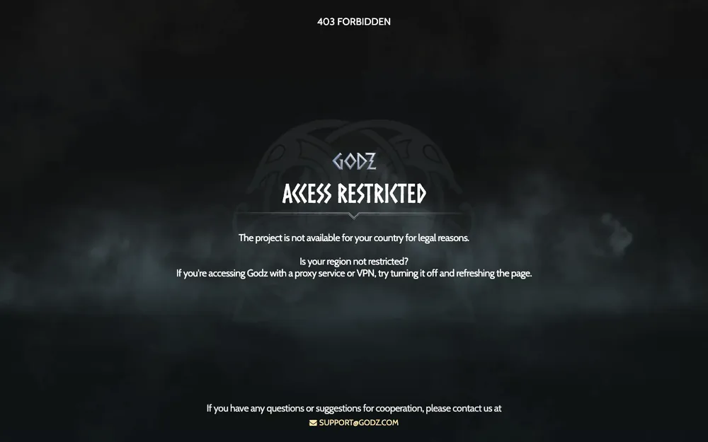 Godz real screenshot showing its access-restricted page for UK visitors