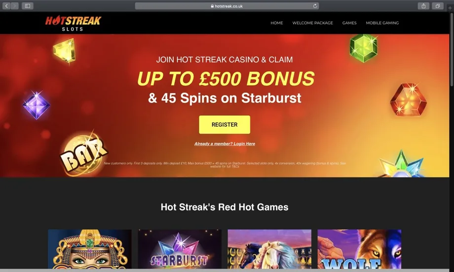 Hot Streak Casino homepage screenshot