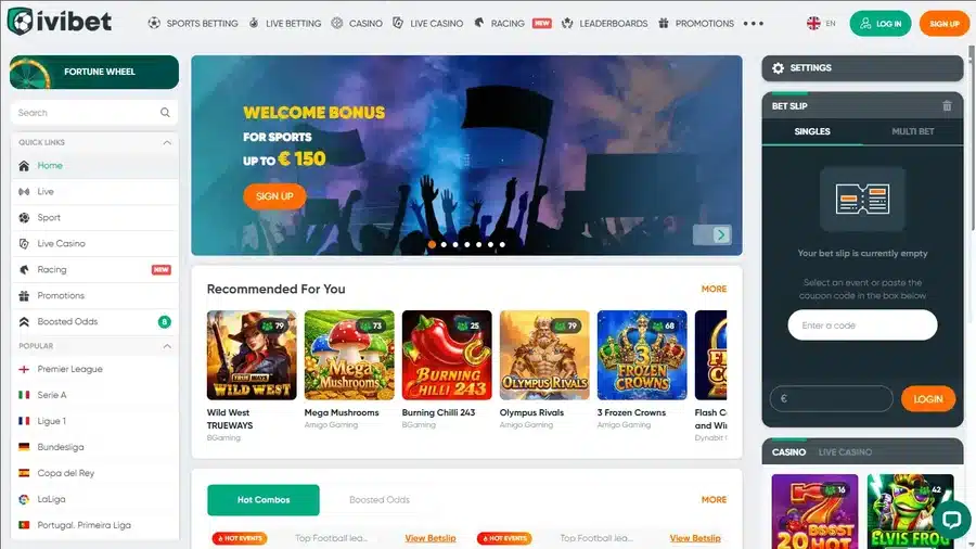Ivibet homepage showing its sportsbook navigation, bet slip and recommended games