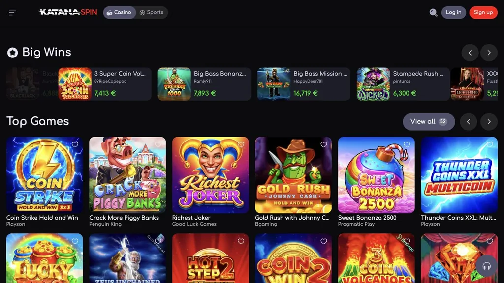 Katana Spin casino homepage screenshot showing the lobby and top games