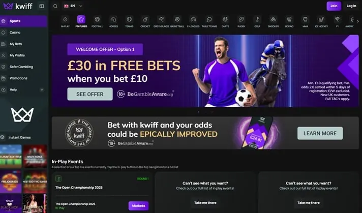 Kwiff casino and sportsbook homepage screenshot