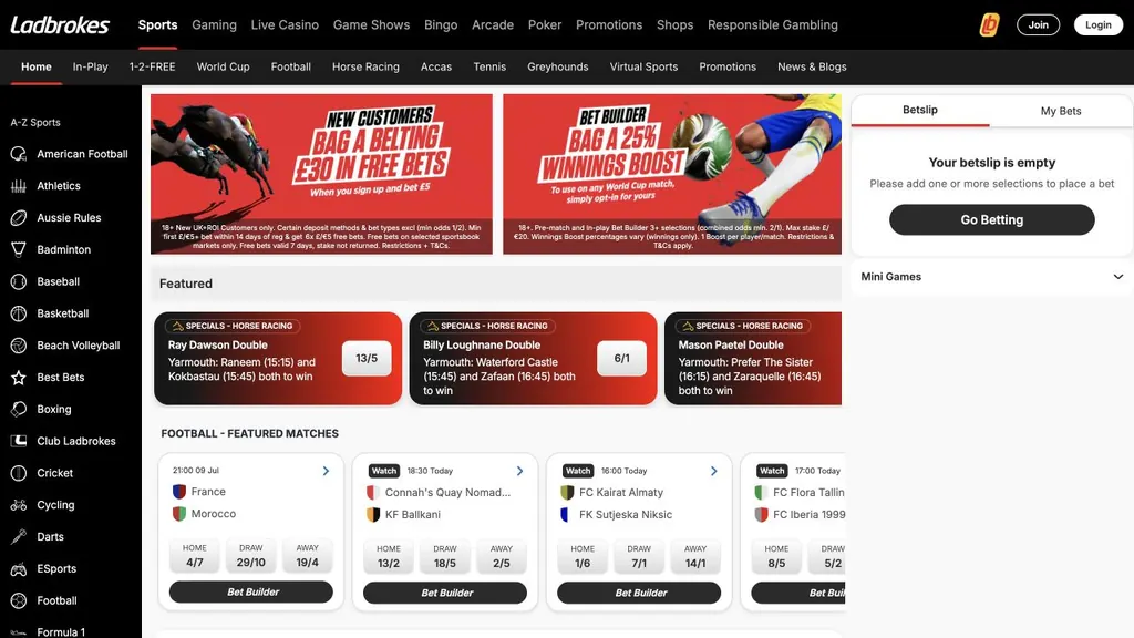 Ladbrokes live sportsbook homepage screenshot