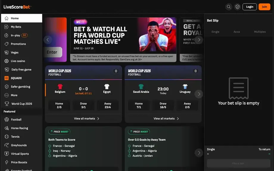 LiveScore Bet sportsbook and casino homepage screenshot
