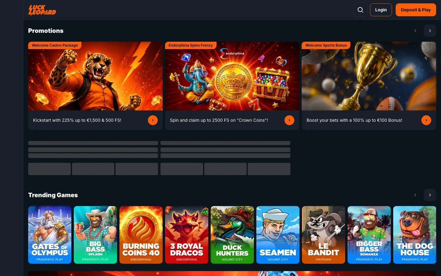 LuckLeopard, an online casino launched in July 2026, real homepage screenshot showing the orange leopard wordmark, the three-panel promotions carousel and the trending games row