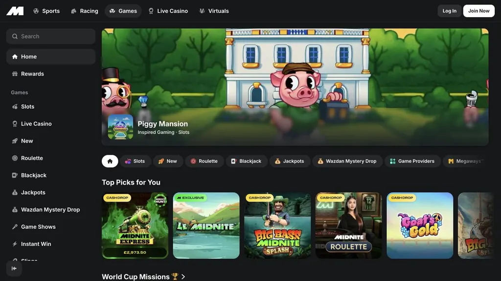Midnite casino lobby screenshot showing slots and navigation