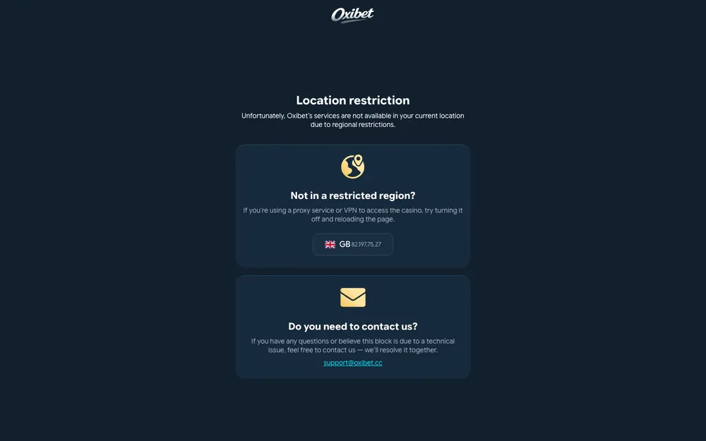 Oxibet Casino real screenshot showing its location-restriction page for UK visitors