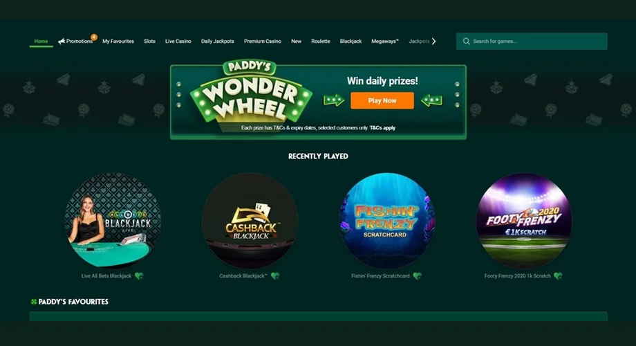 Paddy Power casino homepage screenshot