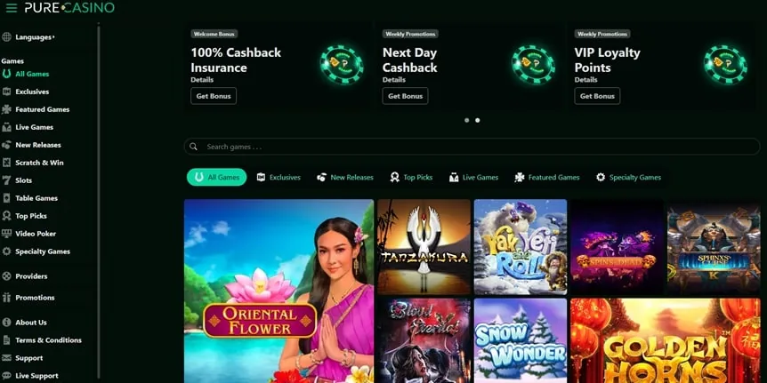 Pure Casino site screenshot