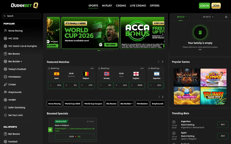 Quinnbet sportsbook homepage screenshot