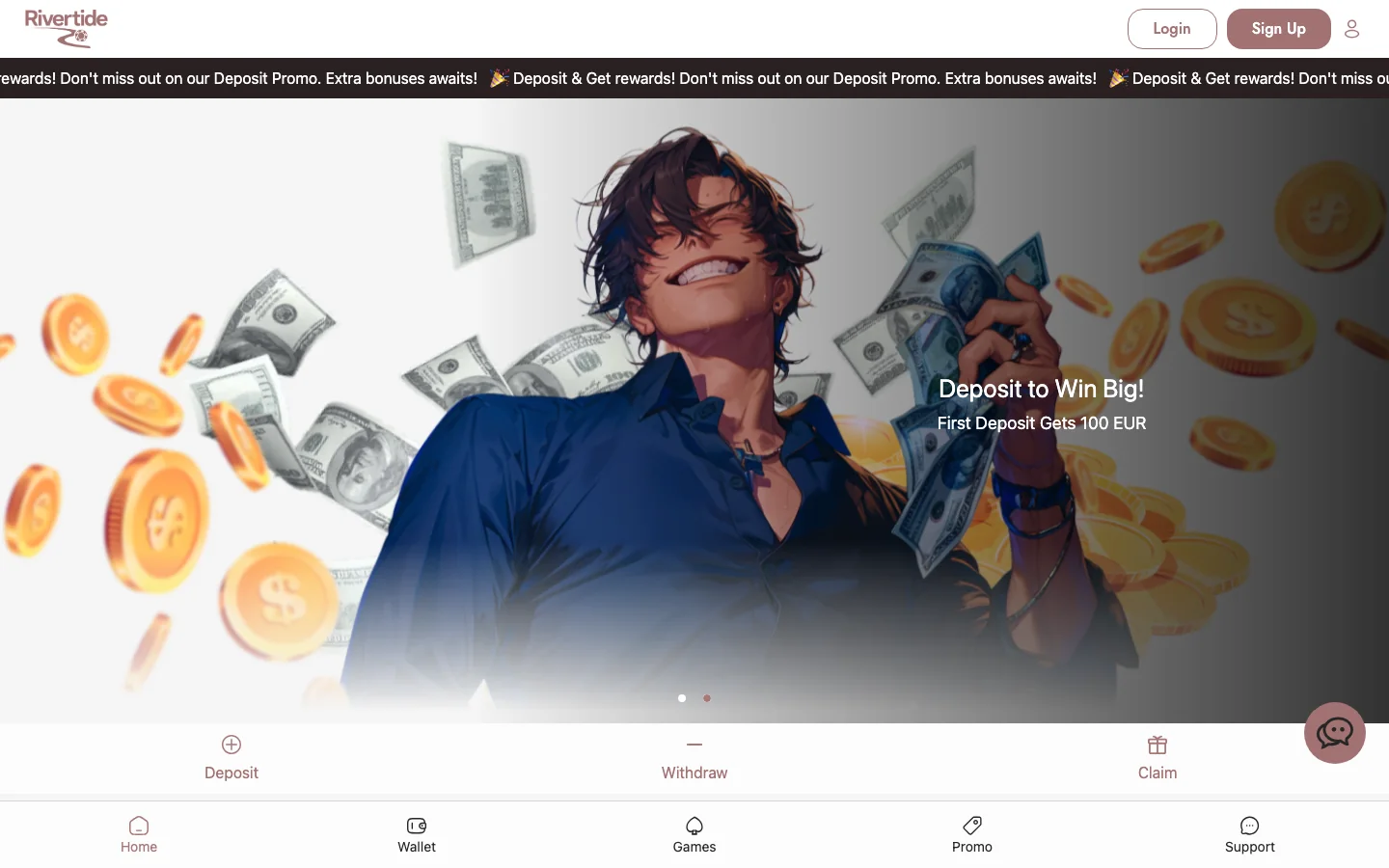 Rivertide Casino, a new online casino licensed July 2026, real homepage screenshot showing its repeating deposit promotion banner