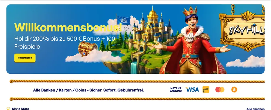 SkyHills Casino homepage screenshot showing the clean live casino lobby