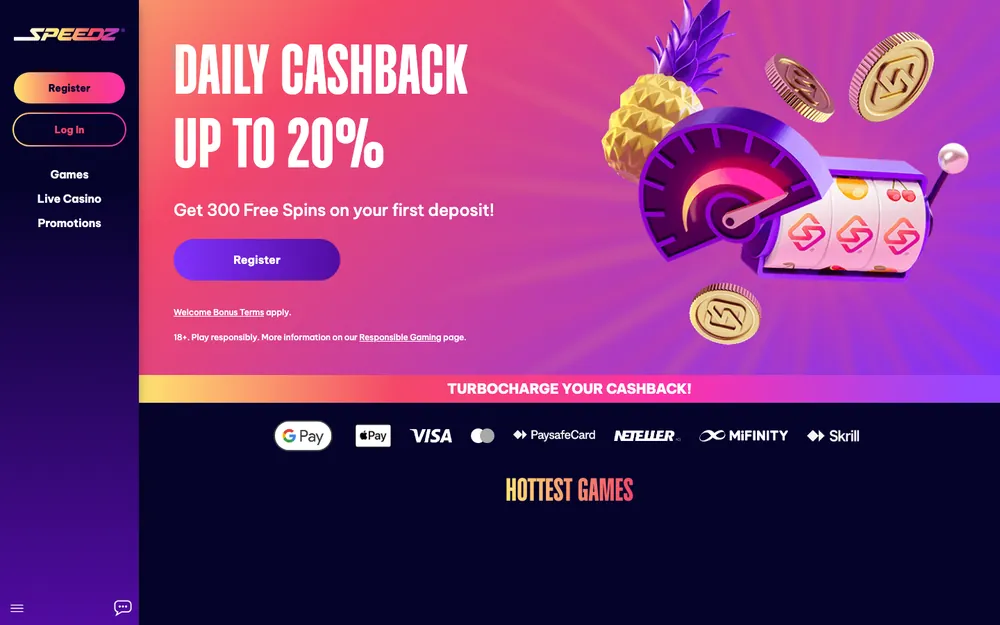 Speedz Casino real homepage screenshot
