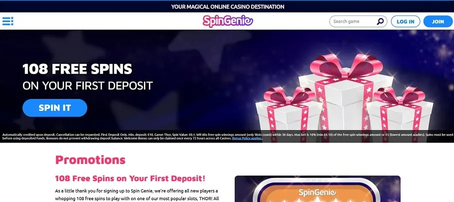 Spin Genie casino homepage screenshot