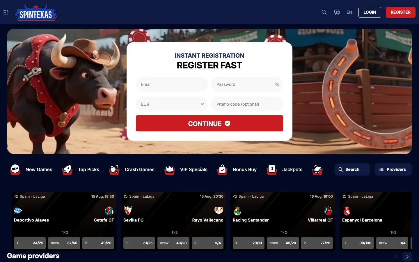 SpinTexas casino real homepage screenshot showing its instant registration panel, category icons and LaLiga betting markets