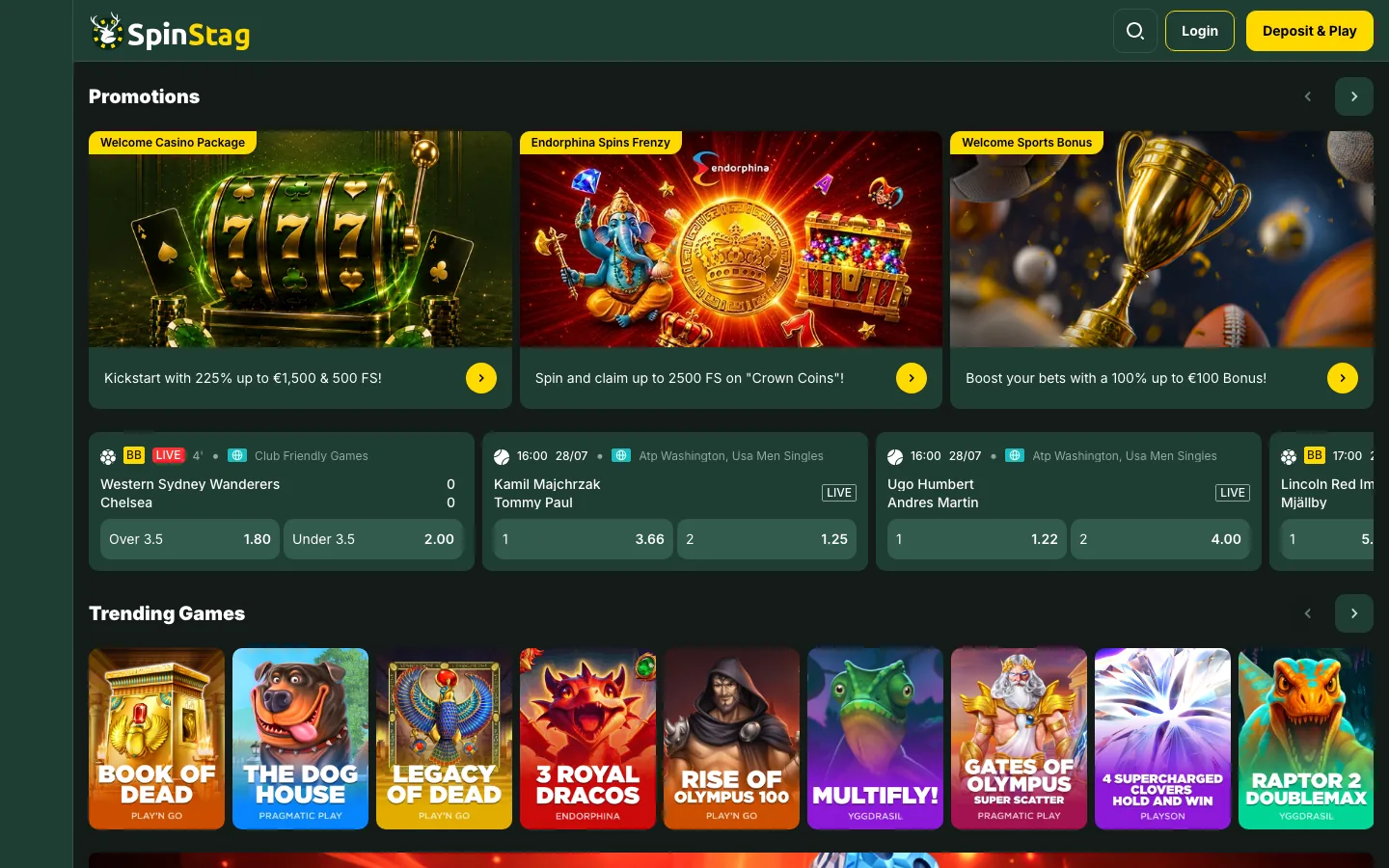 SpinStag, an online casino launched in July 2026, real homepage screenshot showing the stag wordmark, the promotions carousel and the live football and tennis odds strip beneath it